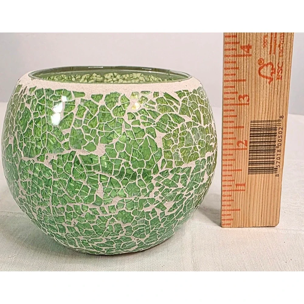 Green Mosaic Glass Tea Light Candle Holder Globe Votive with Inner Cup 3.5in